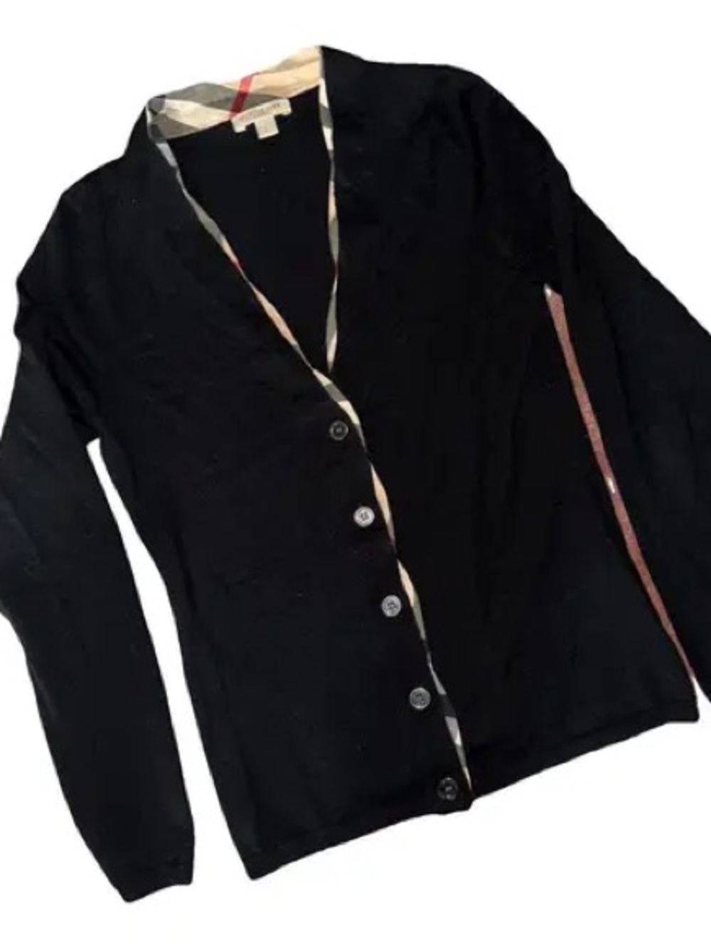 Burberry Brit Merino Wool V Neck Black Cardigan Sweater with Nova Check Accents.